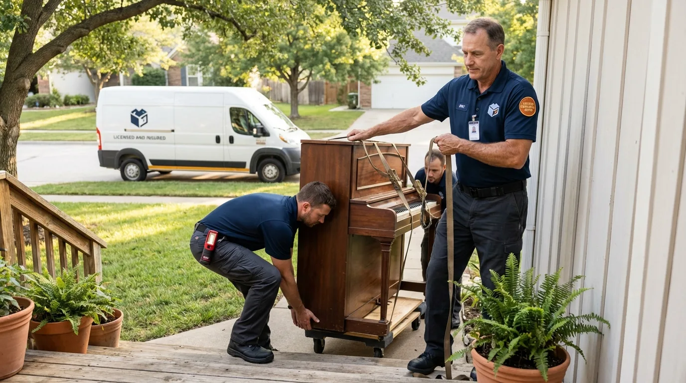 Licensed piano movers securing grand piano in Kutztown, PA