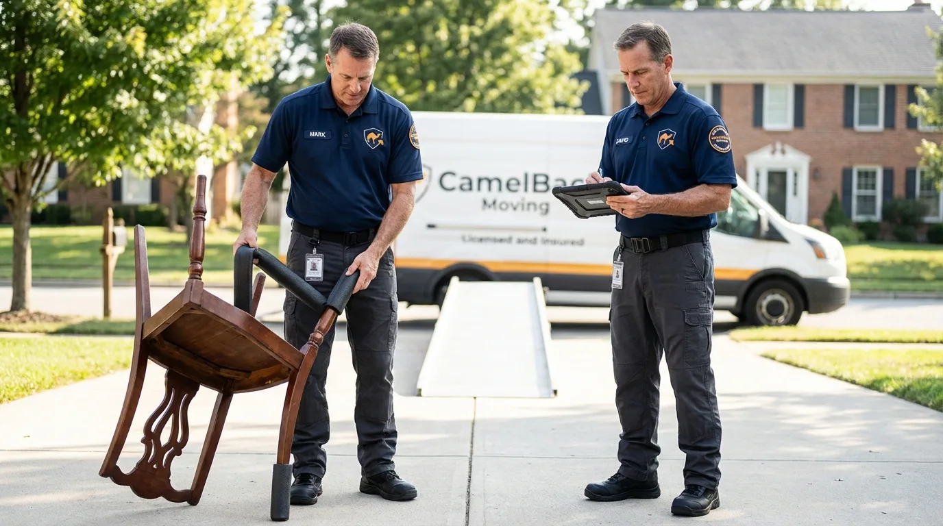 Movers inspecting furniture for damage prevention before loading in Kutztown, PA