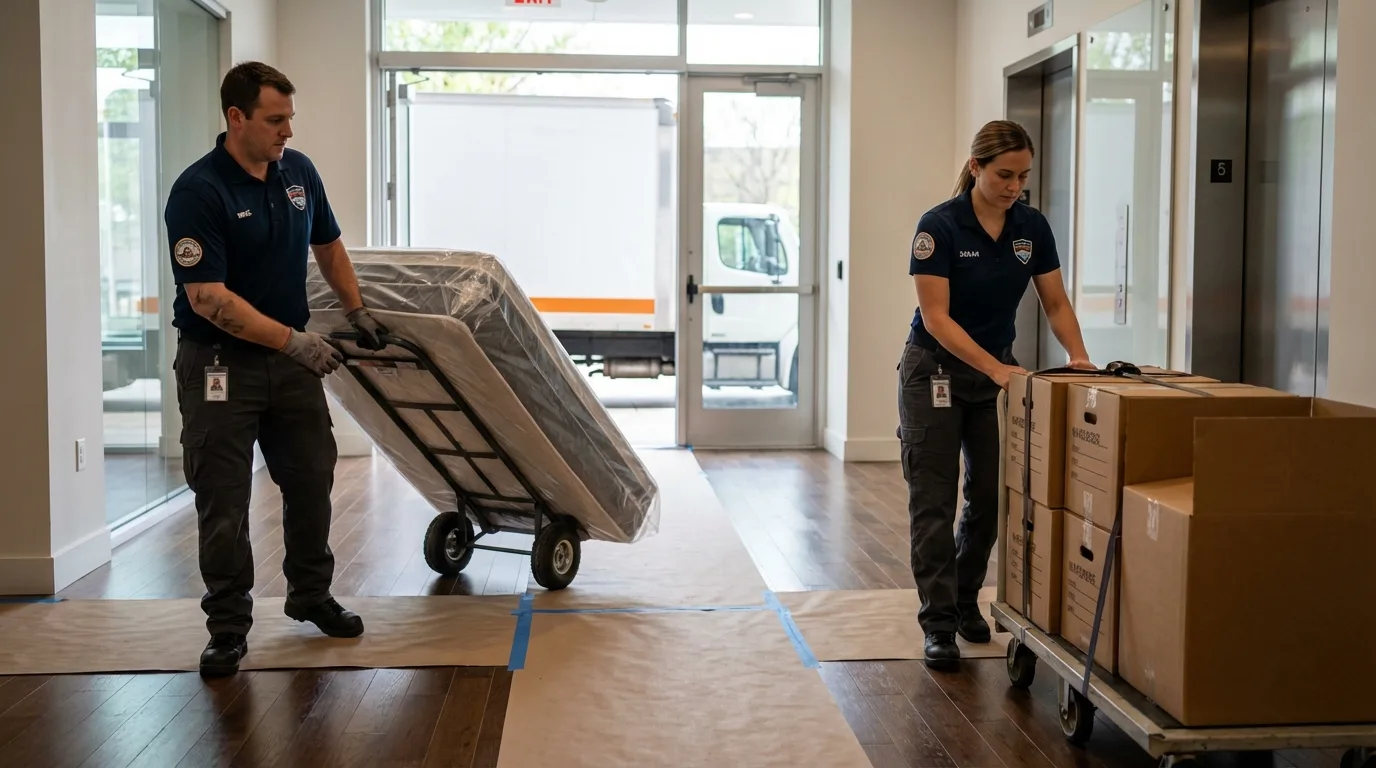 Professional apartment movers loading elevator in Kutztown, PA